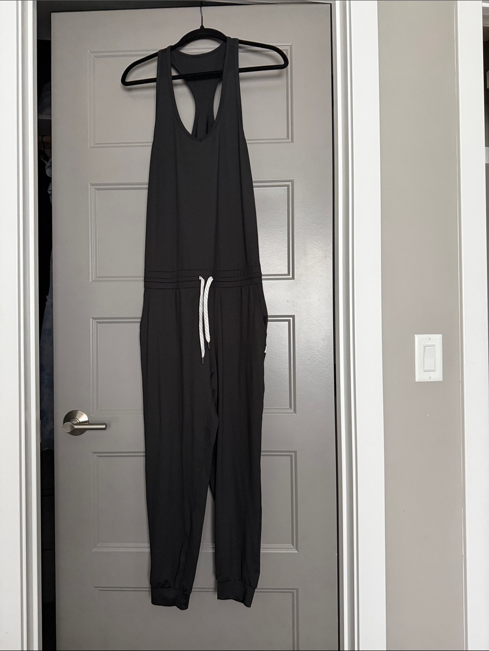 Vuori Black Sleeveless Racerback Jumpsuit with White Drawstring